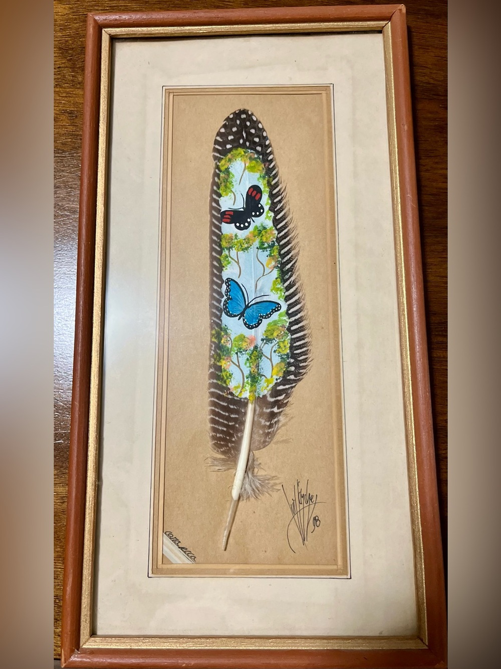 Vintage Costa Rica Hand-Painted Feather Art 1998, Framed Butterflies Folk Art